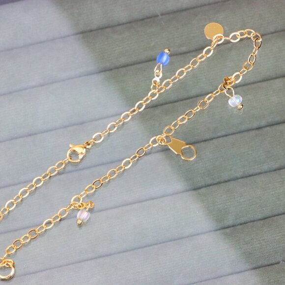"Elegant Rose Gold Anklet with Blue Beads and Pearl Charms, XPAL1180 - Picture 1 of 12